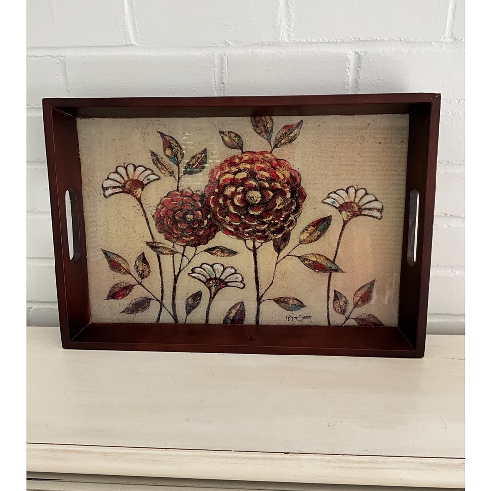 Hope Smith Artisan Dark Brown Wood Serving Tray With Floral Glass Bottom
